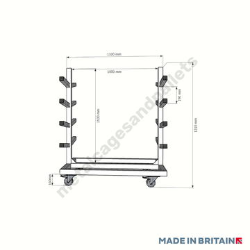 Technical drawing of pipe trolley stillage with castor wheels fitted.